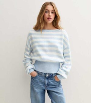 girls blue slash neck striped knitted jumper.jpg
