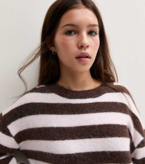 girls brown striped crew neck jumper.jpg