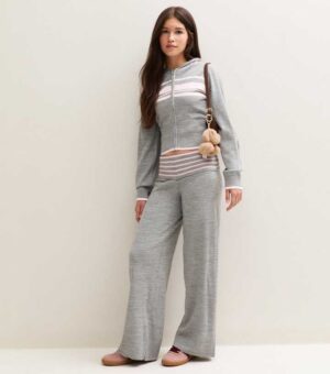 girls grey striped foldover waistband knitted trousers.jpg