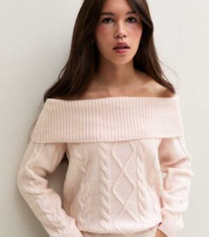 girls light pink cable knit bardot jumper.jpg