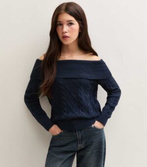 girls navy cable knit bardot jumper.jpg