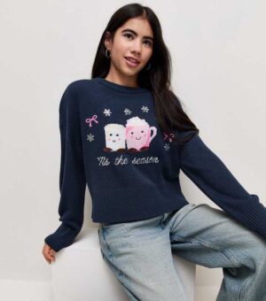 girls navy knitted hot chocolate print jumper.jpg
