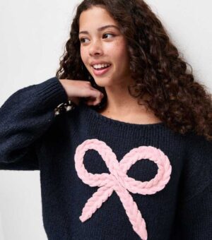 girls navy plaited bow knitted jumper.jpg