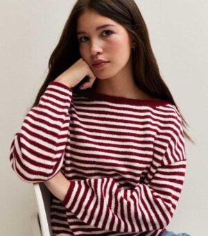 girls pink horizontal stripe wide neck knitted jumper.jpg